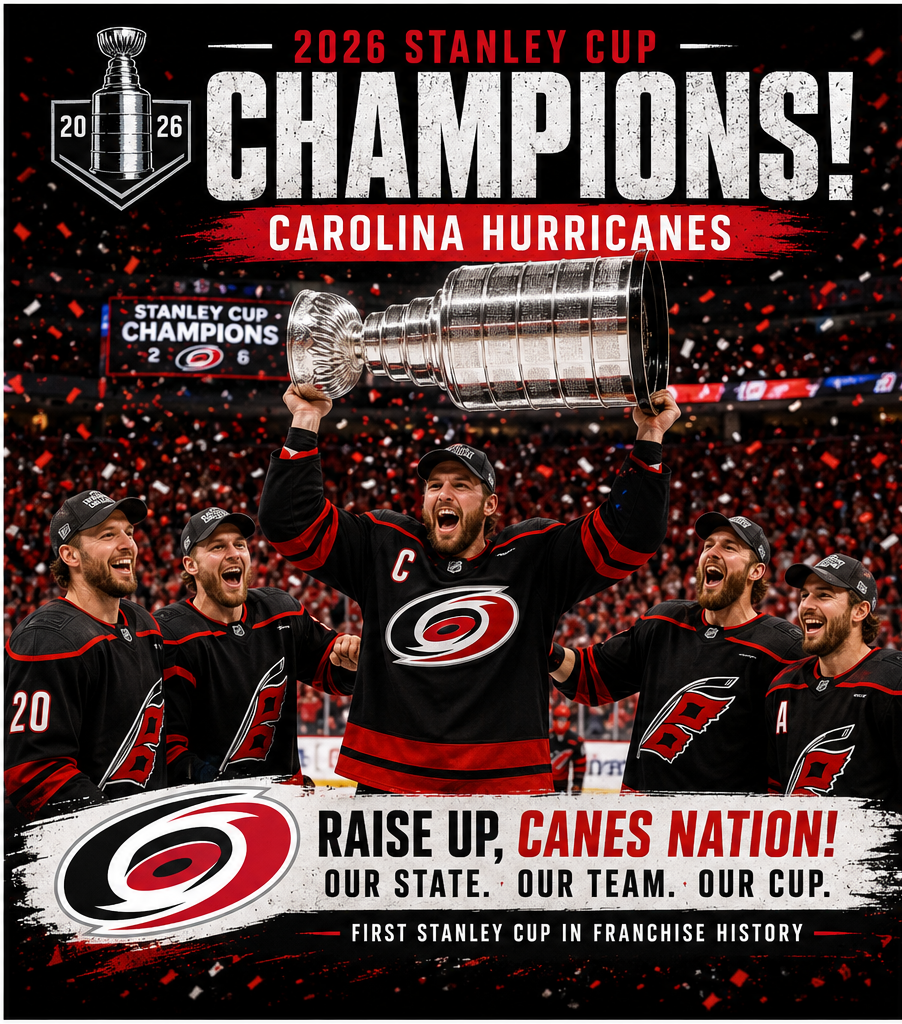 Carolina Hurricanes players celebrate winning the 2026 Stanley Cup for the first time in franchise history while lifting the championship trophy.