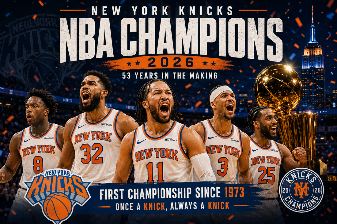New York Knicks players celebrate winning the 2026 NBA Championship with the championship trophy, confetti, and the New York City skyline in the background.