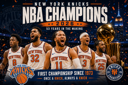 New York Knicks players celebrate winning the 2026 NBA Championship with the championship trophy, confetti, and the New York City skyline in the background.